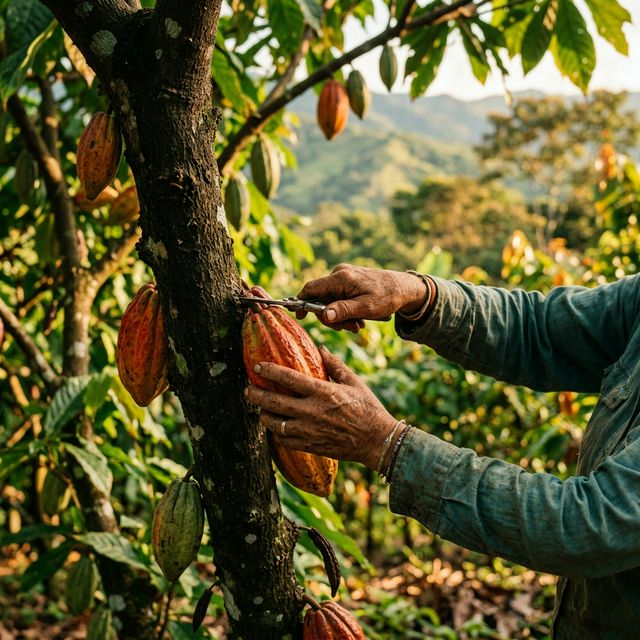 Manos cosechando cacao en las montañas del Abibe